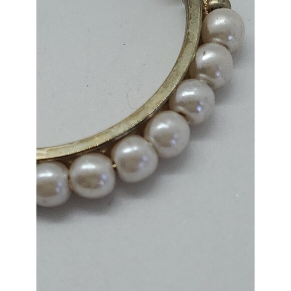 Gold Tone Hoop Earrings Faux Pearl Pierced Post - Picture 6 of 6